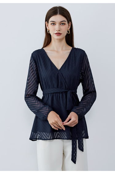 Zigzag Flock Dot Tie Waist Wrap Top in Navy