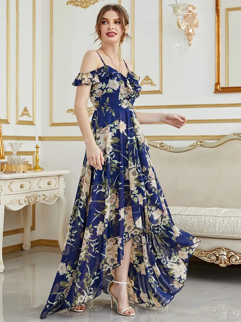 navy blue floral high low dress Buy Navy Blue Floral Printed High Neck Tiered Occasion Maxi Dress from Next  USA
