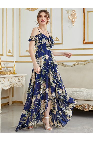 Leely Navy Blue Floral Print Off-the-Shoulder High-Low Chiffon Dress