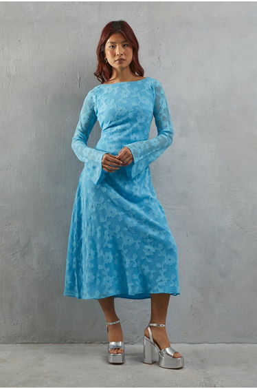 Burnout Chiffon Slash Neck Flutter Sleeve Bias Midaxi Dress