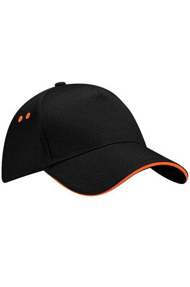 Beechfield Unisex Ultimate 5 Panel Contrast Baseball Cap With Sandwich Peak / Headwear - Black/Orange