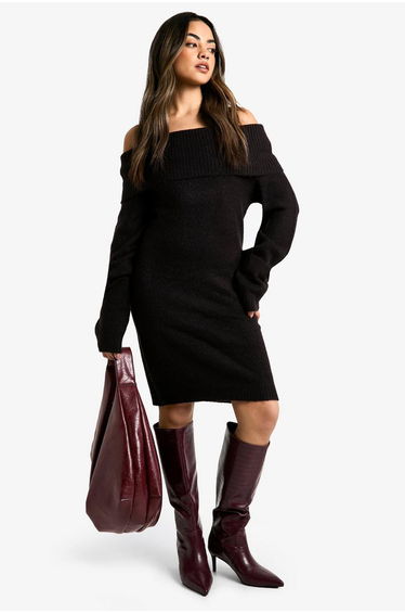 Rib Bardot Neckline Mini Jumper Dress - black