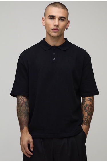Oversized Boxy Cotton Blend Knitted Polo - black