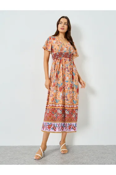 All-Over Print Smocked Waist Midi Dress