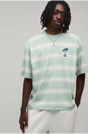Oversized Stripe Palm Embroidered T-Shirt - sage