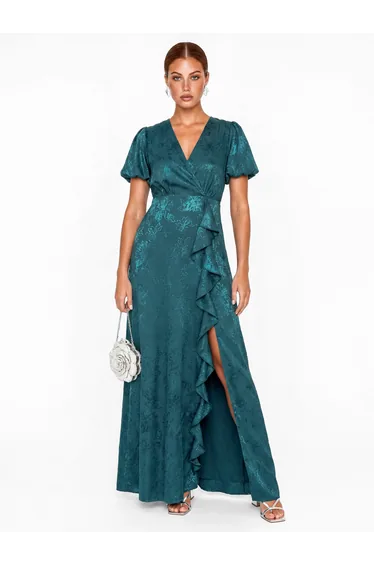 Maya Teal Floral Jacquard Faux Wrap Waterfall Ruffle Satin Maxi Dress