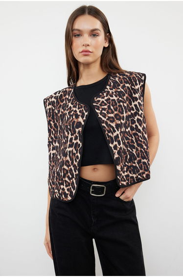 Brown Regular Leopard Patterned Double Sided Double Face Woven Vest