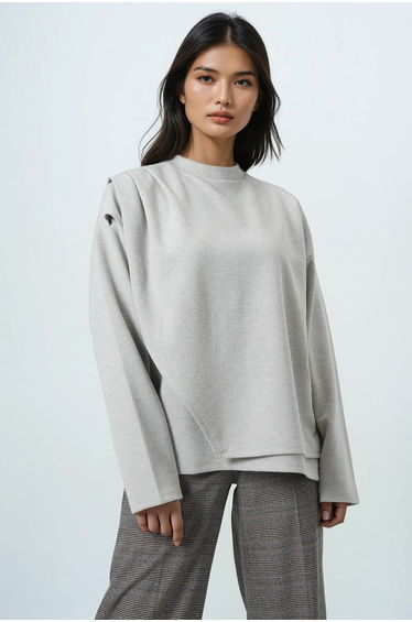 Women's stone-colored crew neck wrap-style knit blouse