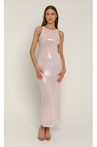 Pink Sheer Sequin Racerback Dress