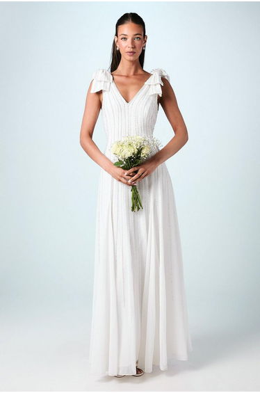 Bow Shoulder Embellished Maxi Wedding Dress