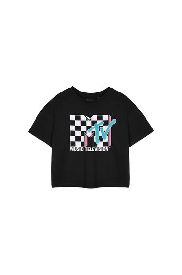MTV Womens/Ladies Checkerboard Logo Short-Sleeved Crop T-Shirt - Black