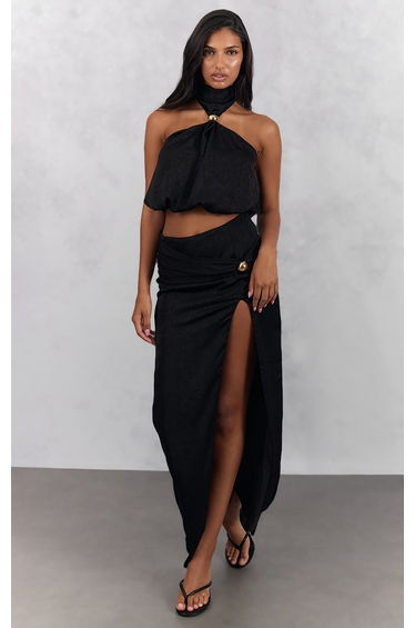 Black Hardware Detail Split Detail Maxi Skirt