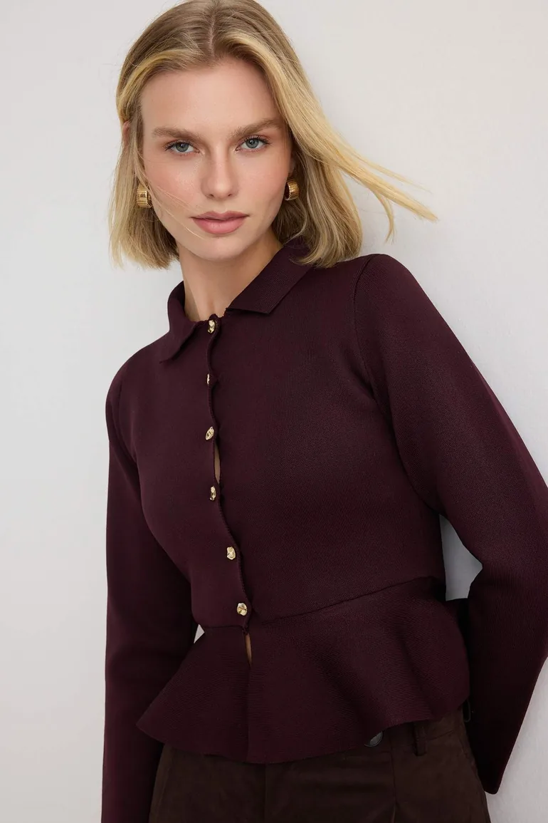 Plum Peplum/Waist Fitted Button Detailed Knitwear Cardigan - 1