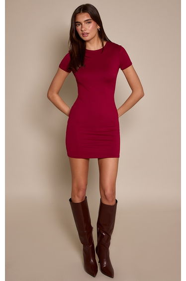 Wine Soft Touch Jersey Cap Sleeve Bodycon Dress