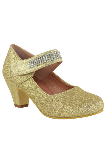 BITAL KIDS MID HIGH HEEL COURT SHOES WITH DIAMANTE DETAILED STRAP IN GOLD GLITTER