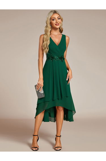 ever IRYS|Sleeveless V-Neck High Low Wedding Guest Dress with Floral Applique