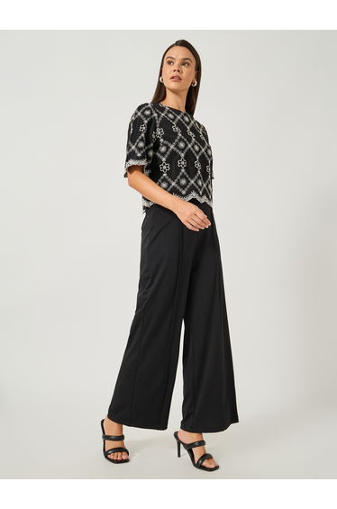 Embroidered Boat Neck Boxy Blouse
