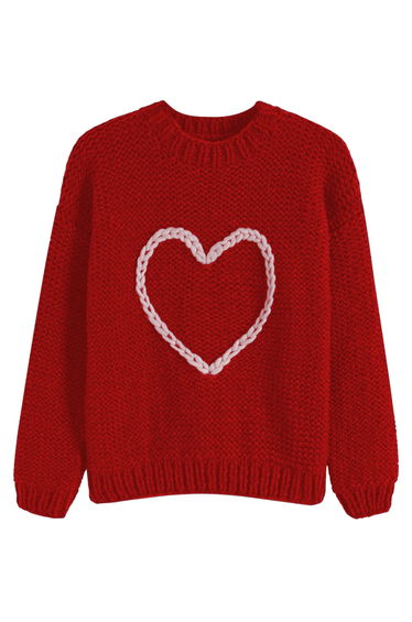 Statement Pinky Heart Chunky Hand Knit Sweate in Red
