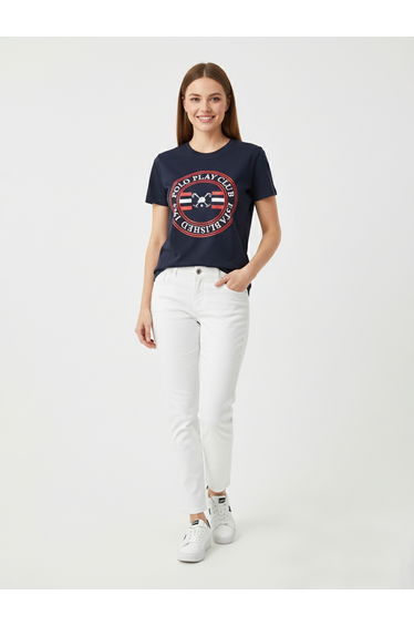 Navy Blue Logo Print Crew Neck T-Shirt