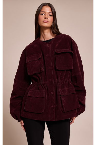 Burgundy Structured Faux Suede Pocket Detail Adjustable Waist Jacket