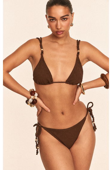 Chocolate Textured Bead Trim Tie Side Bikini Bottoms