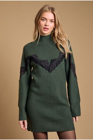 Contrast Lace Stitch High Neck Knitted Mini Dress