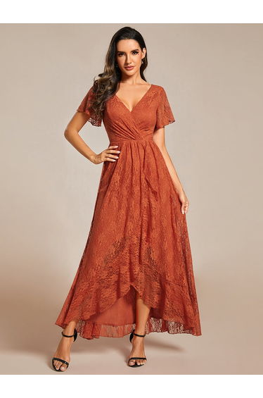 ever ELISE|Pleated V-Neck Lace Formal Evening Dress