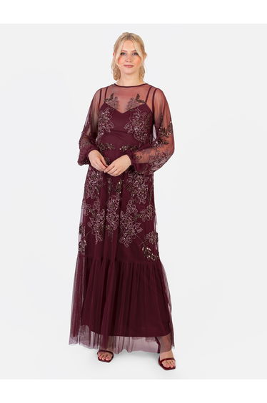 Maya Cranberry Floral Embellished Long Sleeve Trapeze Maxi Dress