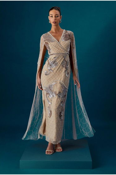 Heavily Embellished Maxi Dress With Cape Sleeves