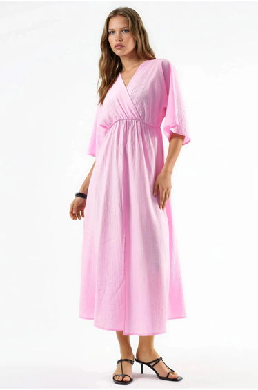 BUSEM V-Neck Midi Wrap Dress with Three Quarter Sleeves