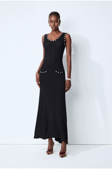 Timeless Attraction Black Sleeveless Pearl Trim Knit Maxi Dress