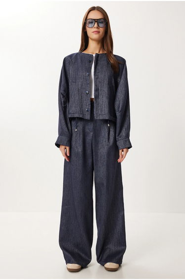 ISTANBUL Buttoned Jacket Wide Leg Satin Look Two-Piece Set