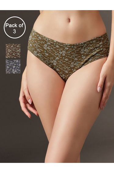 Pack of 3 - Mid Waist Printed Hipster Panties 100% Cotton