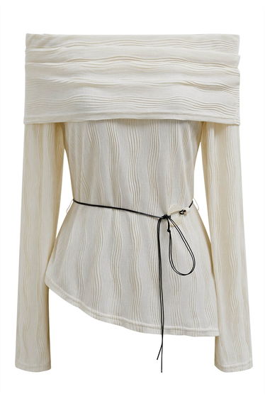 Flap Off-Shoulder Tie-Waist Asymmetric Knit Top in Cream