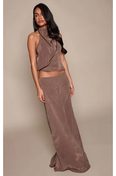 Dark Brown Textured Woven Floaty Maxi Skirt Co-ord
