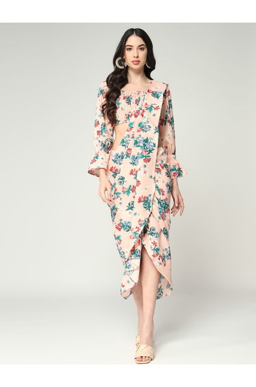 Peach Floral Print Fusion Readymade Draped Saree and Top Co-Ords