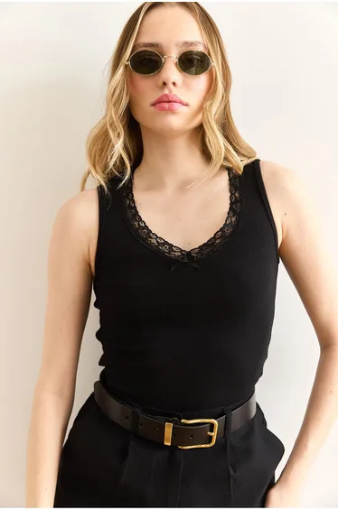 Women's Black Lace Detailed Cotton Camisole Blouse