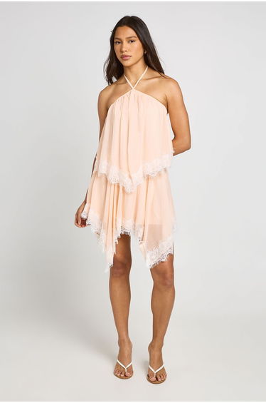 Chiffon Lace Trim Halter Top - peach