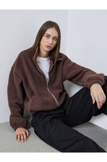 Brown Oversized Collared Fleece Jacket