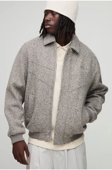 Regular Fit Seam Detail Melton Collared Bomber Jacket - taupe