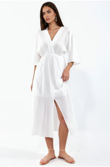 BUSEM V-Neck Midi Wrap Dress with Three Quarter Sleeves