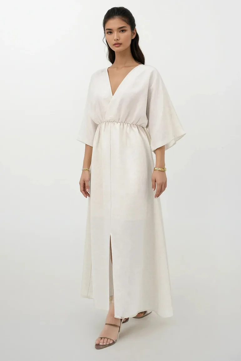 Women's Ecru Double Breasted V Neck Slit Detailed Lined Maxi Length Linen Dress