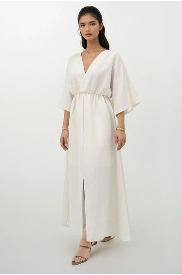 Women's Ecru Double Breasted V Neck Slit Detailed Lined Maxi Length Linen Dress