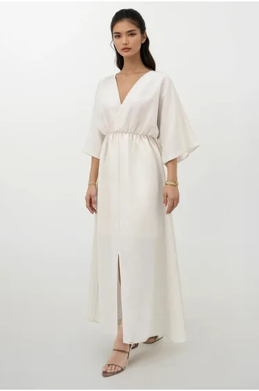 Women's Ecru Double Breasted V Neck Slit Detailed Lined Maxi Length Linen Dress