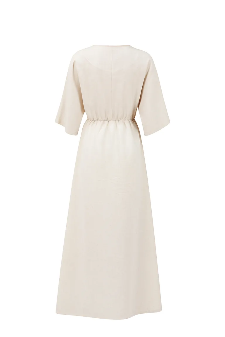 Women's Ecru Double Breasted V Neck Slit Detailed Lined Maxi Length Linen Dress - 3