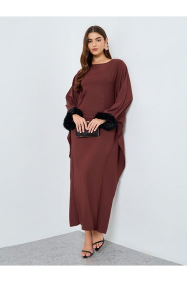 Rust Maxi Dress with Faux Fur Cuffs
