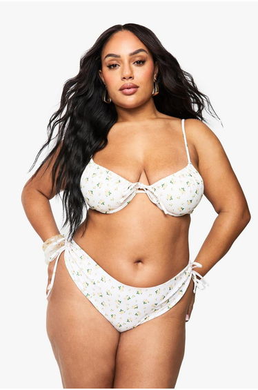 Plus Ditsy Floral Ruched Bum Tie Side Bikini Brief - yellow