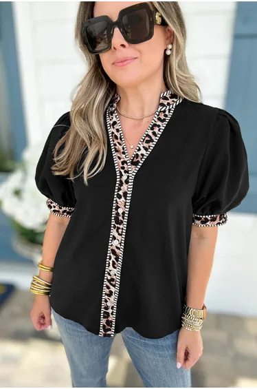 Lvness Black V Neck Short Puff Sleeve Contrast Striped Leopard Trim Button Down Shirt