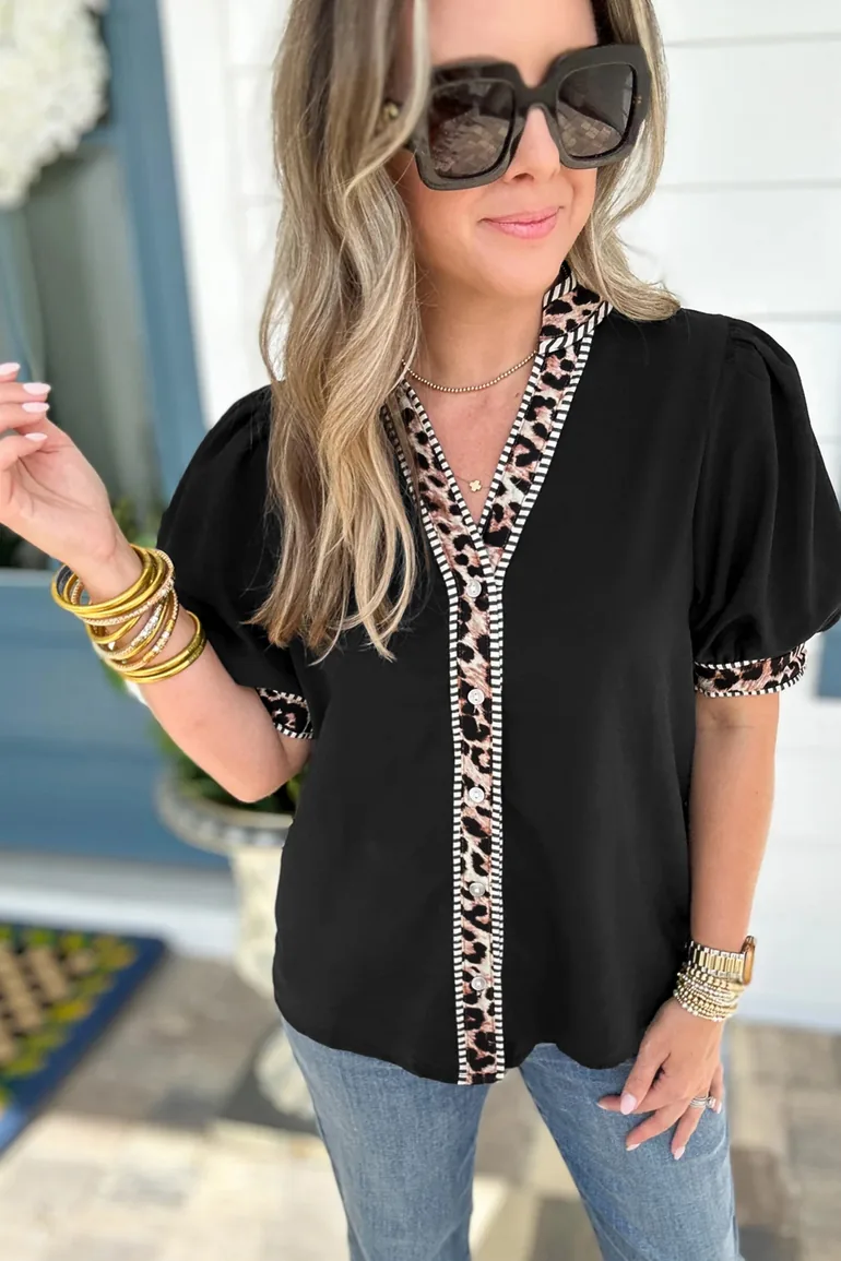 Lvness Black V Neck Short Puff Sleeve Contrast Striped Leopard Trim Button Down Shirt - 5