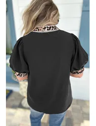 Lvness Black V Neck Short Puff Sleeve Contrast Striped Leopard Trim Button Down Shirt - 3